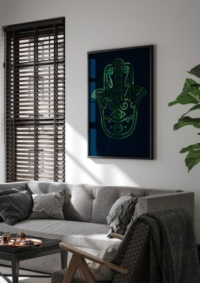 An unframed print of tropical plant hamsa hand cutout spiritual botanical illustration in black and green accent colour