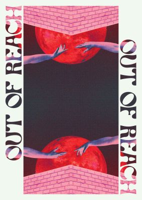 An unframed print of out of reach lofi retro music poster style retro in typography in pink and red accent colour