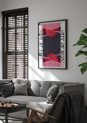 An unframed print of out of reach lofi retro music poster style retro in typography in pink and red accent colour