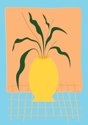 An unframed print of crude collage illustration plant vase graphical in orange and yellow accent colour