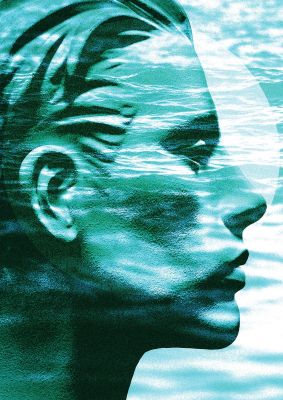 An unframed print of ocean face graphical illustration in green and white accent colour