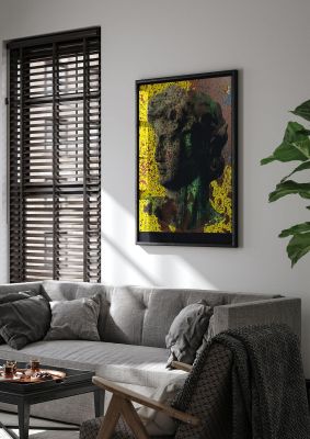 An unframed print of yellow green distressed lofi statue graphical illustration in multicolour and yellow accent colour