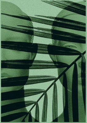 An unframed print of green tropical face botanical illustration in green
