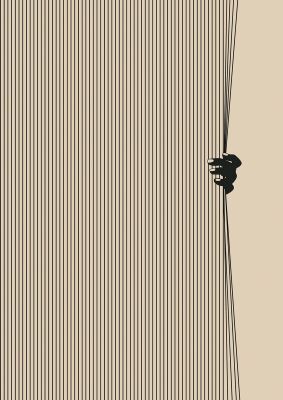 An unframed print of graphic line curtain pull graphical illustration in beige and black accent colour