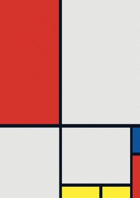 An unframed print of bauhaus inspired minimalist colour block graphical bauhaus in grey and red accent colour