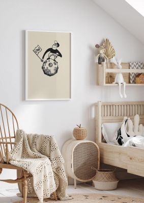 An unframed print of stonks to the moon trading win cartoon kids wall art illustration in beige and black accent colour