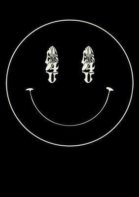An unframed print of eyes on you acid house smiley graphical illustration in black and white accent colour
