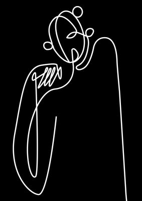 An unframed print of abstract line drawing in black graphical in black and white accent colour