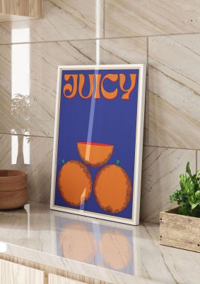 An unframed print of retrovintage juicy orange retro in typography in blue and orange accent colour