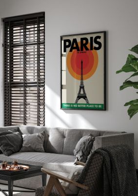 An unframed print of paris in spring retro travel in typography in orange and black accent colour