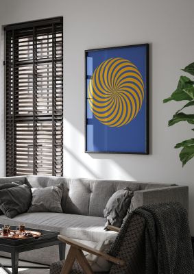 An unframed print of swirl blue yellow graphical abstract in blue and yellow accent colour