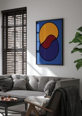 An unframed print of abstract blob shape graphical in blue and yellow accent colour