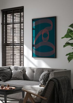 An unframed print of abstract ribbon graphical in blue and red accent colour