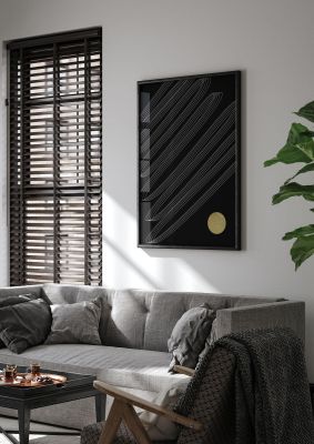 An unframed print of abstract line ribbon and gold graphical in black and beige accent colour