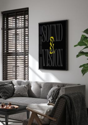 An unframed print of sound vision bowie lyric quote in typography in black and yellow accent colour