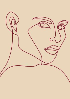 An unframed print of line drawing red on ecru graphical in beige and red accent colour