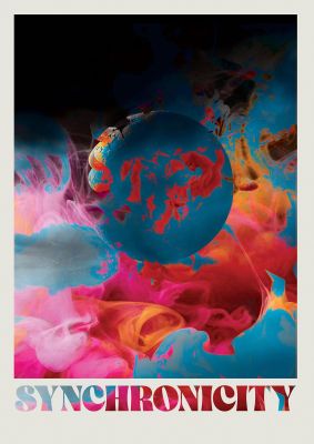 An unframed print of synchronicity lofi trippy graphical in typography in multicolour and red accent colour