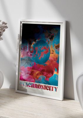 An unframed print of synchronicity lofi trippy graphical in typography in multicolour and red accent colour