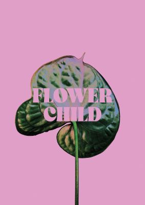 An unframed print of flower child pink leaf nature in typography in pink and green accent colour