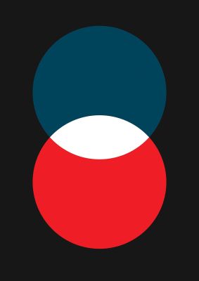 An unframed print of bold geometric two graphical in blue and red accent colour
