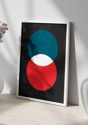 An unframed print of bold geometric two graphical in blue and red accent colour
