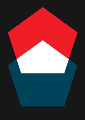 An unframed print of bold geometric graphical in blue and red accent colour