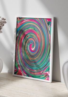 An unframed print of halftone multicolour trippy swirl graphical abstract in multicolour and green accent colour