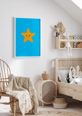 An unframed print of kids starfish illustration boys kids wall art in blue and yellow accent colour