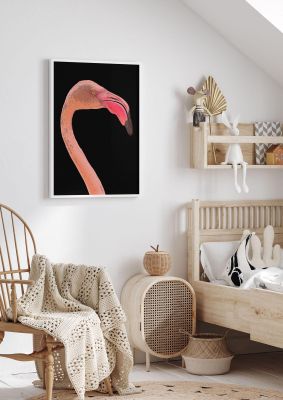 An unframed print of closeup flamingo photograph in pink and black accent colour