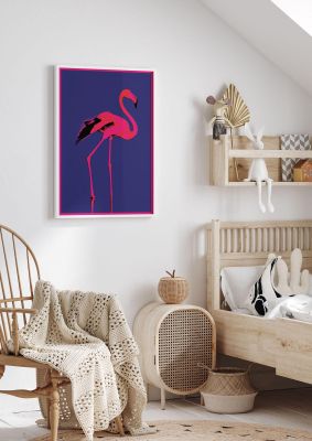 An unframed print of pink flamingo illustration in blue and pink accent colour