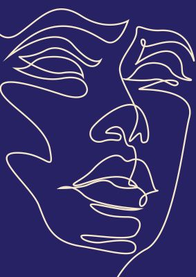 An unframed print of face line drawing blue graphical in blue and white accent colour