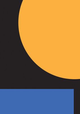 An unframed print of black abstract shapes three graphical in orange and black accent colour