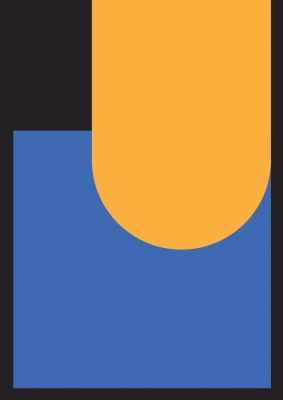 An unframed print of black abstract shapes two graphical in blue and blue accent colour
