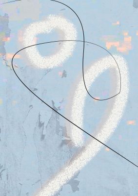 An unframed print of distressed abstract line graphical in blue and white accent colour