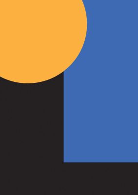 An unframed print of black abstract shapes graphical in blue and yellow accent colour