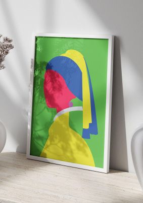 An unframed print of painting recreation girl with the pearl earring famous paintings illustration in multicolour and green accent colour