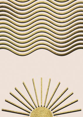 An unframed print of golden ripple sun graphical abstract in beige and gold accent colour