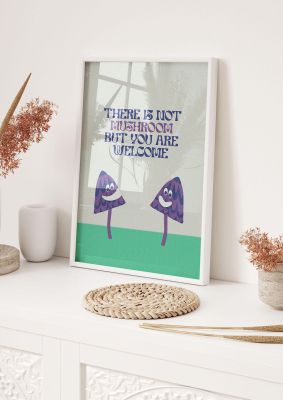 An unframed print of mushroom pun funny slogans in typography in beige and purple accent colour