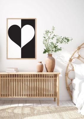 An unframed print of split heart black white graphical illustration in black and white