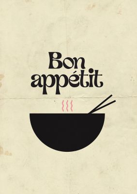 An unframed print of bon appetit distressed bowl graphical in typography in beige and black accent colour