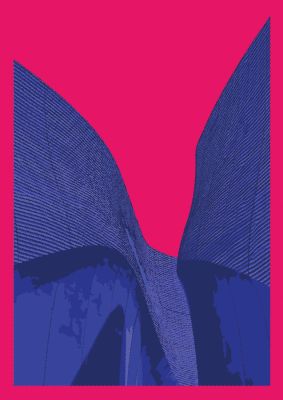An unframed print of architecture fluro pink graphical abstract in pink and blue accent colour