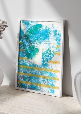 An unframed print of distressed abstract sea graphical in aquamarine and multicolour accent colour