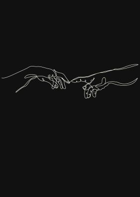 An unframed print of creation of adam hands line drawing black famous paintings in black and white accent colour