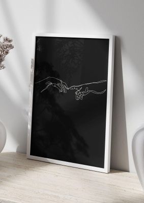 An unframed print of creation of adam hands line drawing black famous paintings in black and white accent colour
