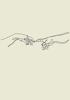 An unframed print of creation of adam hands line drawing famous paintings in beige and black accent colour