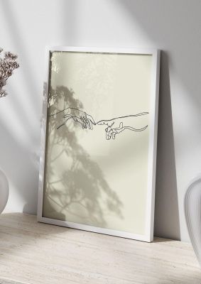 An unframed print of creation of adam hands line drawing famous paintings in beige and black accent colour