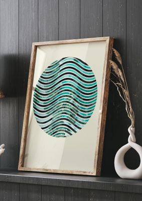 An unframed print of nature waves botanical abstract in aquamarine and black accent colour