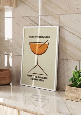 An unframed print of retro 5 oclock somewhere retro in typography in beige and orange accent colour