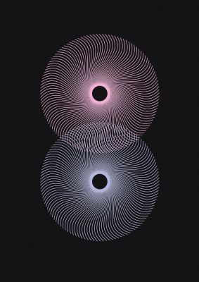An unframed print of intercepting spirals blue pink graphical illustration in multicolour and black accent colour
