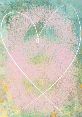An unframed print of distressed abstract heart graphical in pink and white accent colour